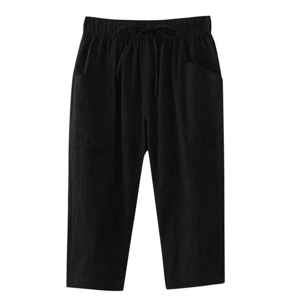 YOTMKGDO Slacks for Womens Cotton Trousers Waist Loose Pocket Elastic Pants Three-Quarter Pants Women's Pants Black 2XL
