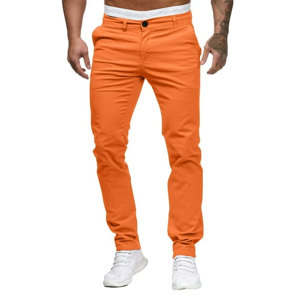 YOTMKGDO Slim Waist Full Trousers Men's Casual Solid Mid Pocket Length Fashion Pant Men's Pants, Pants for Men, Orange Sizes S-3XL
