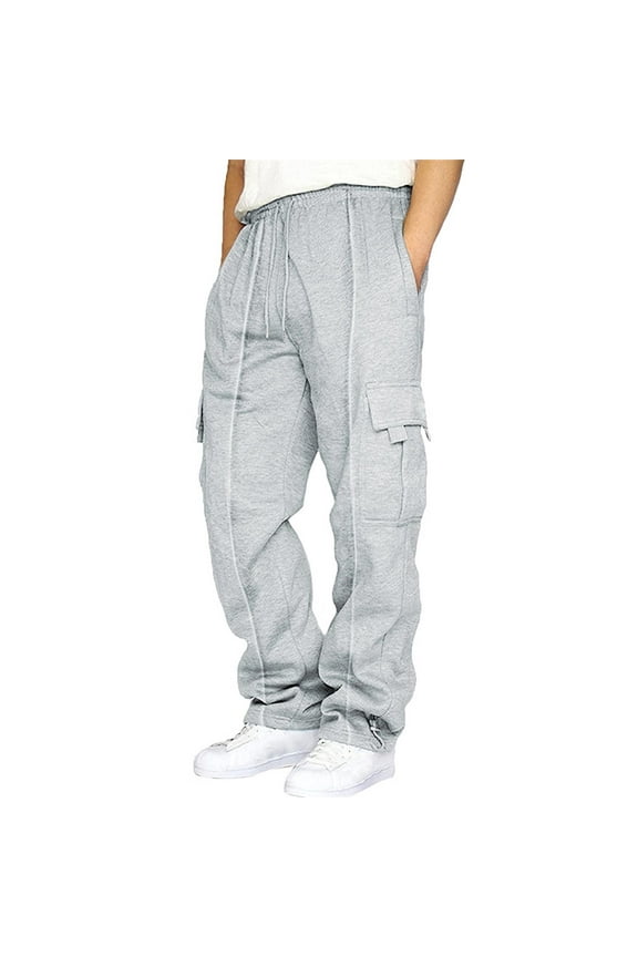 Straight-Leg Baggy Casual Solid Pants for Men, Gray 2XL