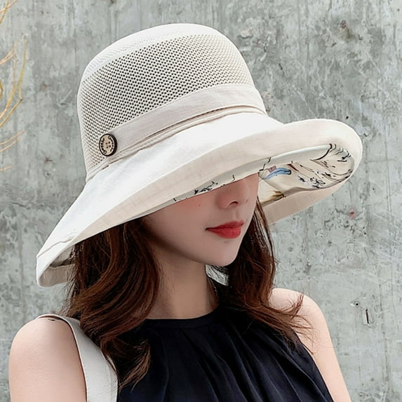YOTMKGDO Sun Hat, Women'S Women'S Hat Spring and Summer Mesh Face Pattern Clasp Basin Hat Outdoor Sun Visor Hat, Beige