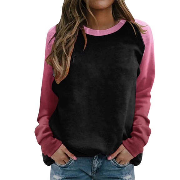 YOTMKGDO Sweatshirt for Women Sweatshirts & Hoodies Casual Tops for Women Raglan Crewneck Tops Gradient Solid Print Swe Crewneck Sweatshirts Baseball Shirt Black Sweaters for Women, Black+L