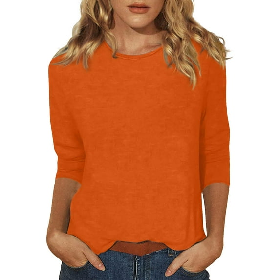 YOTMKGDO T-Shirts 3/4 Sleeve, Crew Neck Shirts for Women's Slim T Shirt Top Cotton Solid Casual for Women Orange S-XXL