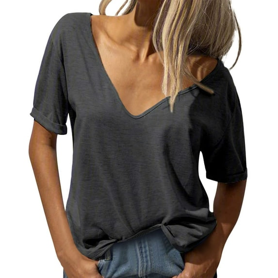 YOTMKGDO T-Shirts Short Sleeve, Deep V-Neck Shirts for Women's Deep V Neck Top Casual Loose Basic T Shirt Cotton Solid Casual for Women Grey S-5XL