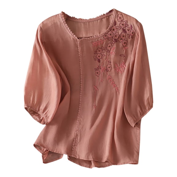 YOTMKGDO T-Shirts for Women, Crew Neck Women's Cotton and Linen Embroidered Thin T Shirt Artistic Shirt Loose Round Neck Lace Edge Top Elbow-Length (Orange, M)