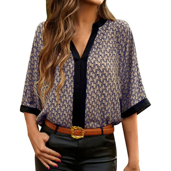 YOTMKGDO T-Shirts for Women, V-Neck Beverlylady Women's Blouses Dressy Casual Color Block Notch V Neck Half Sleeve Printed Loose Chiffon Tops Elbow-Length (Blue, XL)