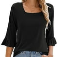 thumbnail image 1 of YOTMKGDO T-Shirts for Women, Crew Neck Women's Casual Tops Summer Square Neck T Shirts Ruffle Loose Fit Tunic Blouses 3/4 Sleeve (Black, L), 1 of 4