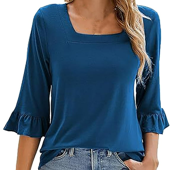 YOTMKGDO T-Shirts for Women, Crew Neck Women's Casual Tops Summer Square Neck T Shirts Ruffle Loose Fit Tunic Blouses 3/4 Sleeve (Blue, L)