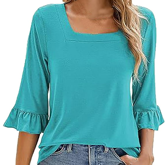 YOTMKGDO T-Shirts for Women, Crew Neck Women's Casual Tops Summer Square Neck T Shirts Ruffle Loose Fit Tunic Blouses 3/4 Sleeve (Blue, XL)