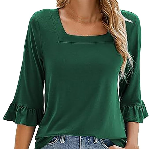YOTMKGDO T-Shirts for Women, Crew Neck Women's Casual Tops Summer Square Neck T Shirts Ruffle Loose Fit Tunic Blouses 3/4 Sleeve (Green, M)