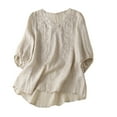 thumbnail image 1 of YOTMKGDO T-Shirts for Women, Crew Neck Women's Cotton and Linen Embroidered Loose Retro Artistic Fashion T Shirt Top Elbow-Length (Beige, L), 1 of 8