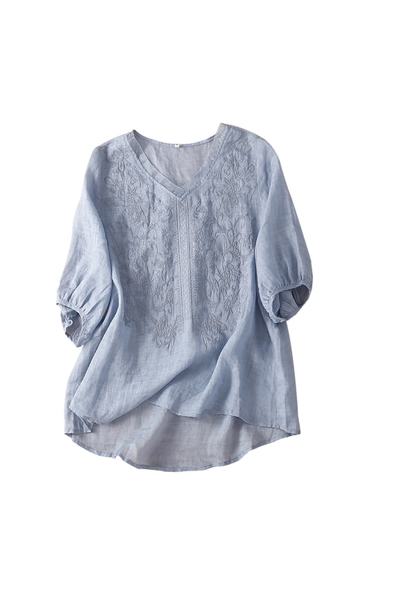 T-Shirts for Women, Crew Neck Women's Cotton and Linen Embroidered Loose Retro Artistic Fashion T Shirt Top Elbow-Length (Blue, L)