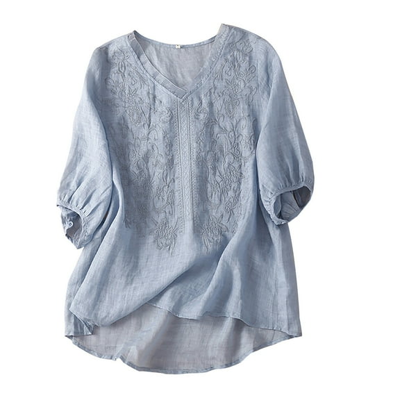 YOTMKGDO T-Shirts for Women, Crew Neck Women's Cotton and Linen Embroidered Loose Retro Artistic Fashion T Shirt Top Elbow-Length (Blue, L)