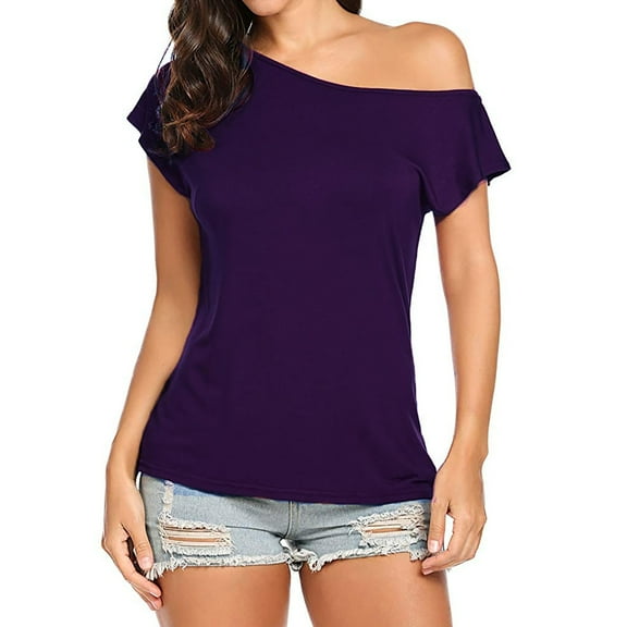 YOTMKGDO T-Shirts for Women, One Shoulder Women's Summer Off Shoulder Shirts Casual Loose Tunics Tops Short Sleeve (Purple, M)
