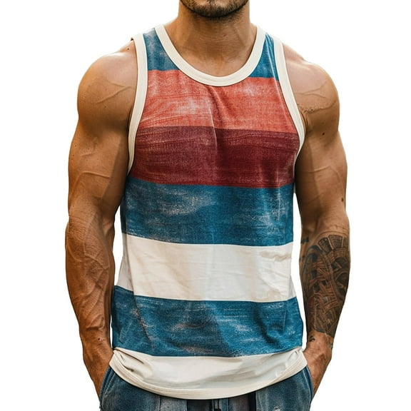 YOTMKGDO Tank Tops Men, Crew Neck Men's Casual Fashion Striped Color Blocking Trend Loose Fitting Sports and Fitness Sleeveless Shirts for Men Sleeveless (Dark Blue, L)