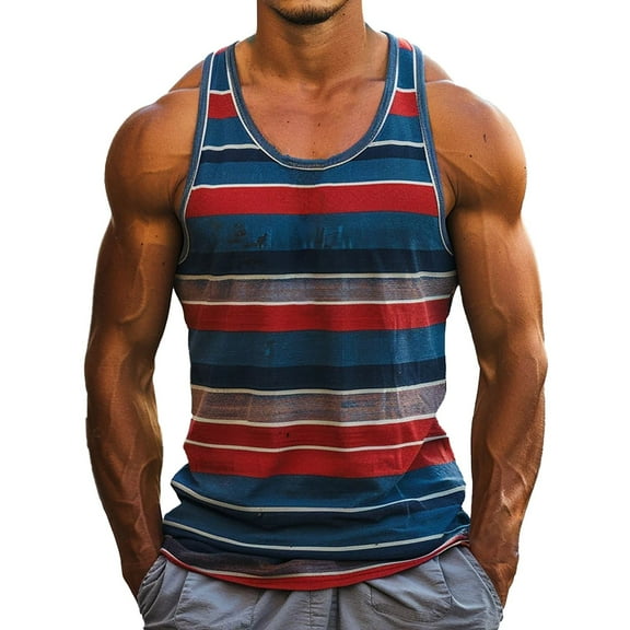 YOTMKGDO Tank Tops Men, Crew Neck Men's Casual Fashion Striped Color Blocking Trend Loose Fitting Sports and Fitness Sleeveless Shirts for Men Sleeveless (Sky Blue, M)
