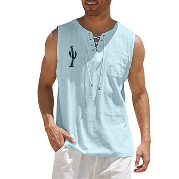 YOTMKGDO Tank Tops Men, Mens Sleeveless Tee Shirts, Male Spring and Summer Tops Casual Sports Sleeveless Top Vest Painting Fitness, Mens Pocket Tee Shirts, 2# Light Blue, M