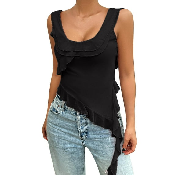 YOTMKGDO Tank Tops for Women 2024, Scrunch Neck Women's 2024 Spring and Summer Solid Color U Neck Mesh Blouse Sleeveless (Black, L)