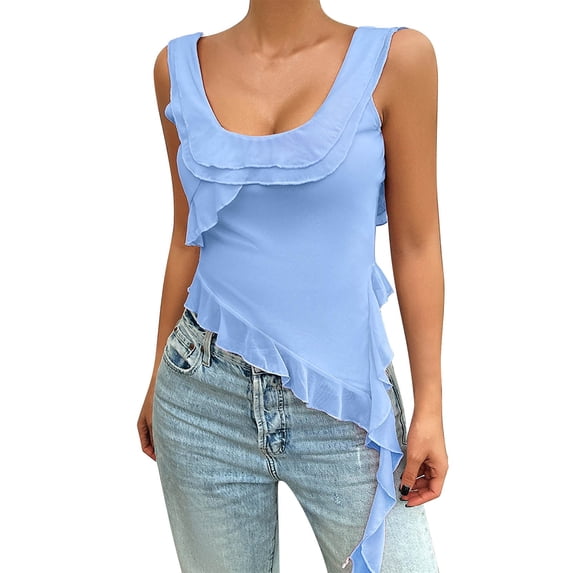 YOTMKGDO Tank Tops for Women 2024, Scrunch Neck Women's 2024 Spring and Summer Solid Color U Neck Mesh Blouse Sleeveless (Blue, L)