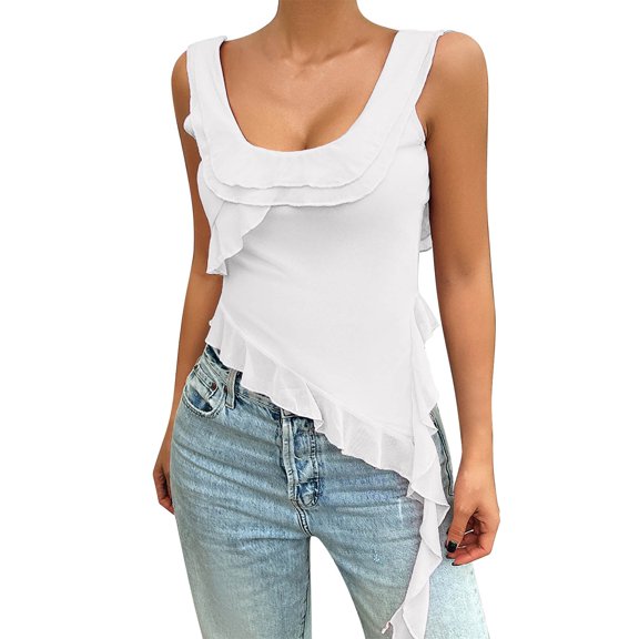YOTMKGDO Tank Tops for Women 2024, Scrunch Neck Women's 2024 Spring and Summer Solid Color U Neck Mesh Blouse Sleeveless (White, L)