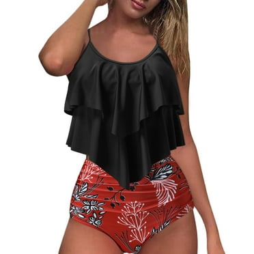 YOTMKGDO Tankini Swimsuits For Women, Split Two Waist Floral Vest Swimsuit High Swimsuit Piece Ruffle Tummy Womens Bikini Swimwears Tankinis Set, Black+L