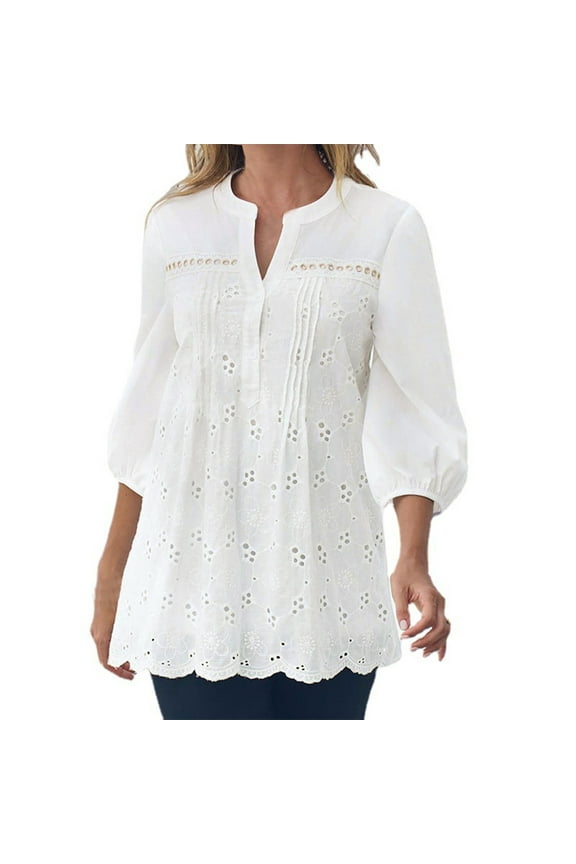 V Neck T Shirts for Women, 3/4 Length Sleeve Womens Tops, Women'S Lace Crochet V Neck Half Sleeve Embroidery Button Down Blouses Casual, Eyelet Tops for Women, White, XL