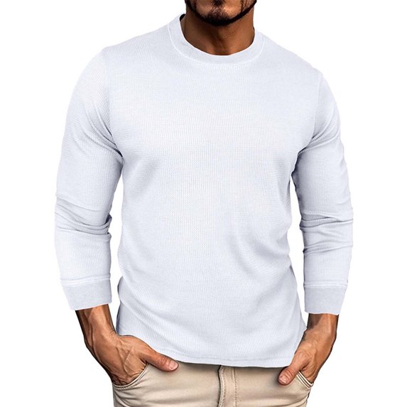 YOTMKGDO Waffle Thermal Shirts for Men, Long Sleeve Shirt, Men'S Fashion Casual Long Sleeve Round Neck Solid Color Long Sleeve T Shirt Top, White, XXL