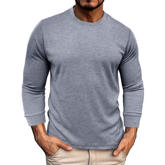 YOTMKGDO Waffle Thermal Shirts for Men, Long Sleeve Shirt, Men'S Fashion Casual Long Sleeve Round Neck Solid Color Long Sleeve T Shirt Top, Grey, L