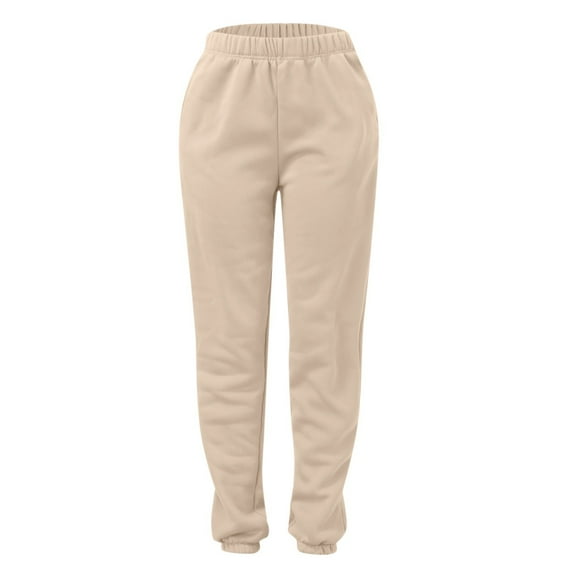 YOTMKGDO Women's Casual Solid Pocket Pants High Waist Elastic Band Pants, Sweatpants for Women, Beige Sizes S-3XL