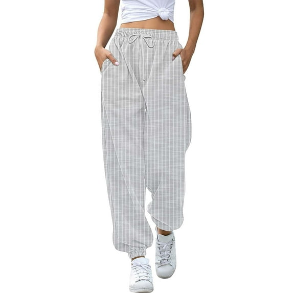 YOTMKGDO Women's Fashion Stripe Print Pocket Casual Pants, Pants for Women, Gray Sizes S-XXL
