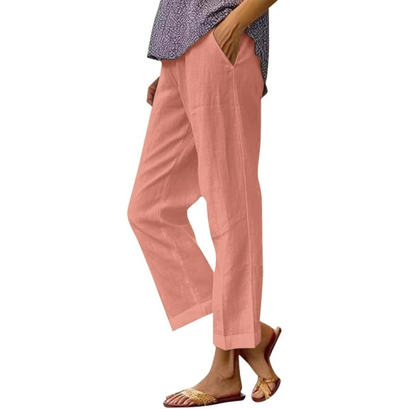 YOTMKGDO Women's Loose Pocket Patchwork Cotton And Linen Casual Pants, Pants for Women, Pink Sizes S-3XL