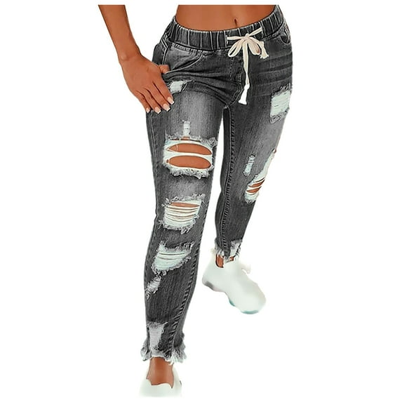 YOTMKGDO Women's Pants Jeans Trouser High Women Flares Ankle Hole Solid Fashion Pants Bandage Color Plus Size Pants Womens Jeans Grey 5XL