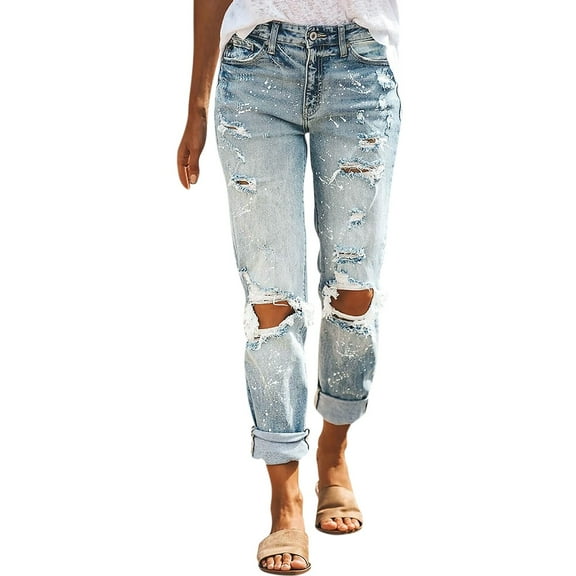 YOTMKGDO Women's Pants Womens Ripped Mid Waisted Boyfriend Jeans Loose Fit Distressed Stretchy Denim Pants Womens Jeans Stretchy Light Blue XL