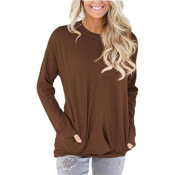 YOTMKGDO Womens Long Sleeve Tops, Long Sleeve Tshirts Shirts for Women, Women Casual Long Sleeve Cotton Solid Loose Pockets T Shirt Blouses Tops, Plain T Shirts for Women, L