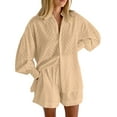 thumbnail image 1 of YOTMKGDO Womens Suits Spring Summer Casual Puff Sleeve Long Sleeve Top And Shorts 2 Piece Set Khaki + L, 1 of 5