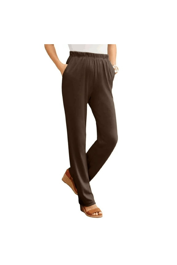 Womens Trousers Women's Pockets Elastic Waist Straight Solid Color Casual Pants Women's Pants Slacks for Women Brown L