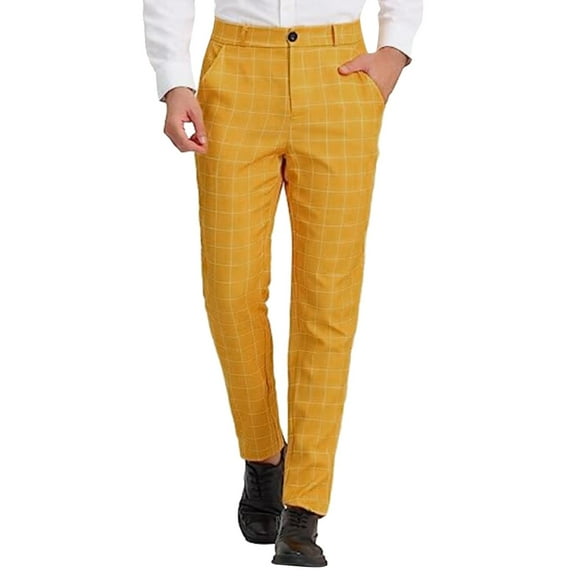 YOTMKGDO Work Pants for Men, Dress Pants Men, Male Business Suit Trousers Solid Color Button Plaid Large Size Refreshing Comfortable Casual Trousers, Yellow 3XL