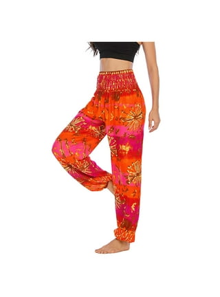 Red Boho Yoga Pants Hippies Gypsy Massage Elephants Print Beach