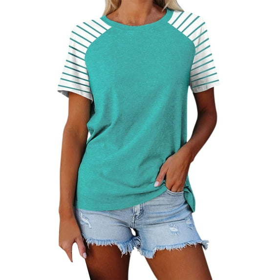 YOTMKGDO slim fit for women Short Sleeve Crew Neck Shirt | Women's Patchwork Striped Color Block Loose Casual d T Shirt, summer tops (02# Mint Green, S)