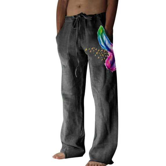 YOTMKGDO wide-Leg Baggy Mens Fashion Casual Cotton And Linen Printed Linen Pocket Lace Up Pants Large Size Pants Pants Casual Graphic Prints Pants for Men, Dark Gray 3XL