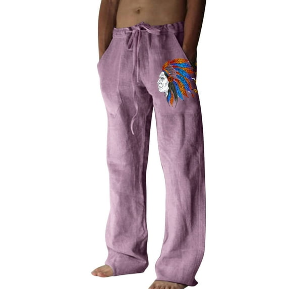 YOTMKGDO wide-Leg Baggy Mens Fashion Casual Cotton And Linen Printed Linen Pocket Lace Up Pants Large Size Pants Printing Casual Graphic Prints Pants for Men, Purple L