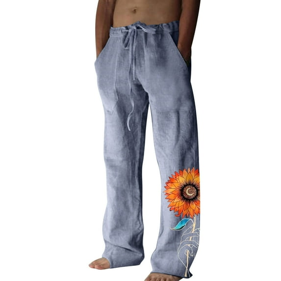 YOTMKGDO wide-Leg Baggy Mens Fashion Casual Cotton And Linen Printed Linen Pocket Lace Up Pants Large Size Pants Casual Graphic Prints Pants for Men, Blue L