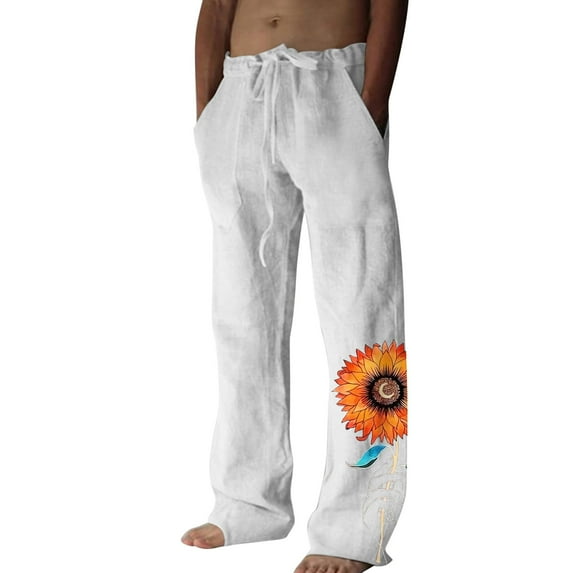 YOTMKGDO wide-Leg Baggy Mens Fashion Casual Cotton And Linen Printed Linen Pocket Lace Up Pants Large Size Pants Casual Graphic Prints Pants for Men, White XL