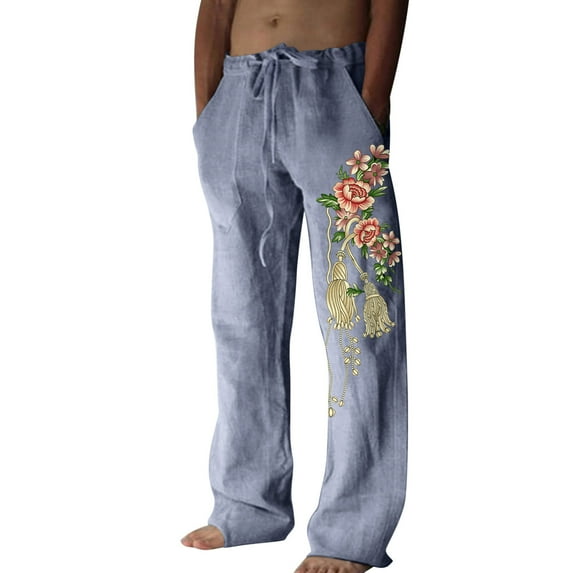 YOTMKGDO wide-Leg Baggy Mens Fashion Casual Interesting Cotton And Linen Printed Linen Pocket Lace Up Pants Large Size Pants Casual Graphic Prints Pants for Men, Blue L