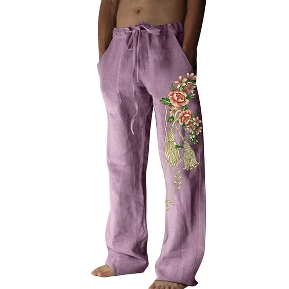 YOTMKGDO wide-Leg Baggy Mens Fashion Casual Interesting Cotton And Linen Printed Linen Pocket Lace Up Pants Large Size Pants Casual Graphic Prints Pants for Men, Purple L