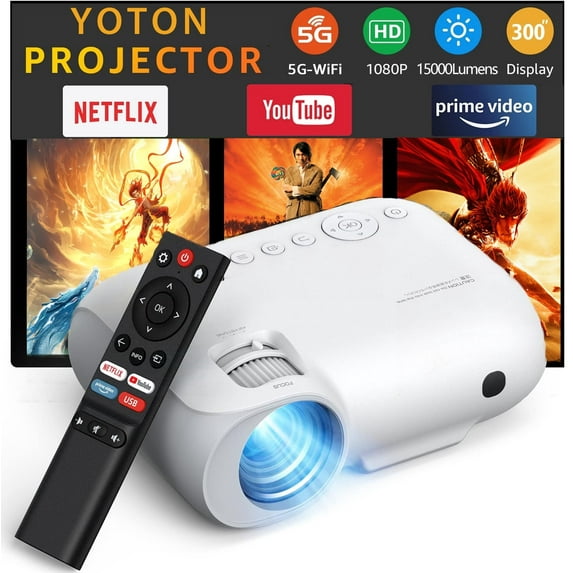 YOTON 4K HD Smart Video Projector with 5G Wi-Fi and Bluetooth, Native 1080P, 450 ANSI, Up to 300" Screen with Built-in Streaming Apps