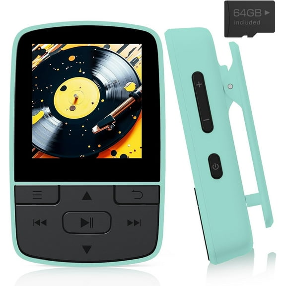 By Cocobear MP3 Player 64GB BT 5.2 w/ Sports Clip, FM Radio, Vol Button & Earphones for Kids , Green