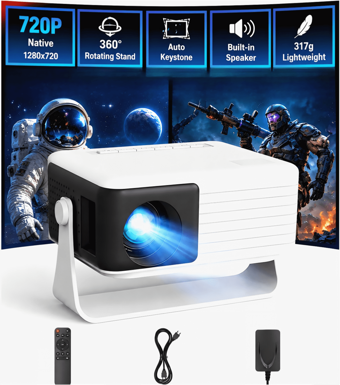 CocoBear Y3 Mini Projector, Native 720P, 360° Rotating Stand, Auto Keystone, Portable Movie Projector with HDMI USB, Compatible with iPhone, Android, PS5, Xbox, Switch, Black