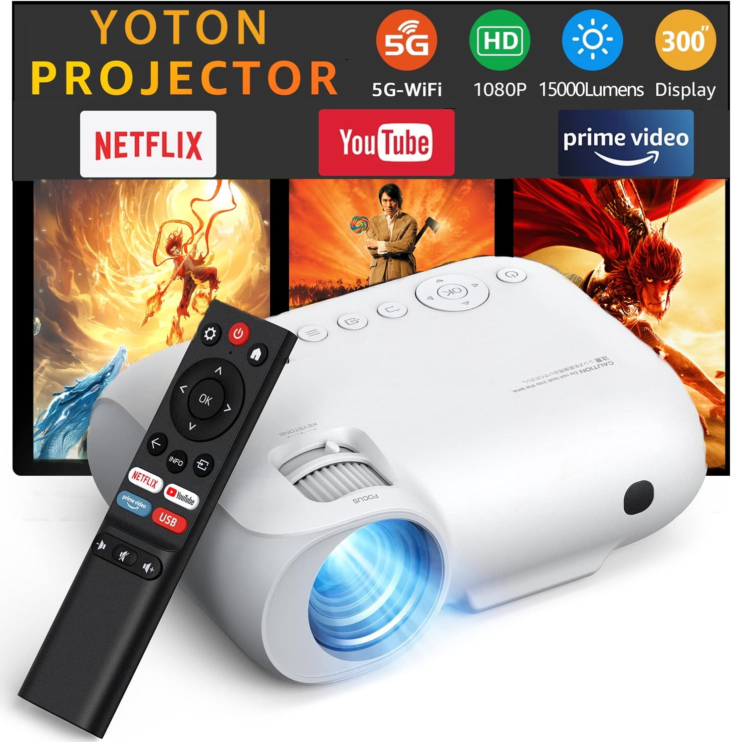YOTON Video Projector With 5G Wifi and Bluetooth, Support 4K,15000