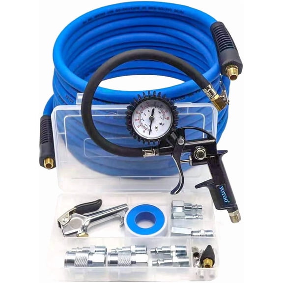 YOTOO Air Compressor Accessories Kit, Heavy Duty 20-Piece 1/4" NPT Air Accessory Tool Kit, 25 ft Hybrid Air Compressor Hose Kit with 100 PSI Tire Inflator Gauge, Blow Gun and Air Hose Fittings