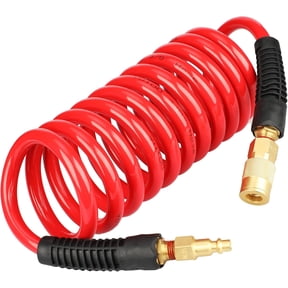 YOTOO Polyurethane Recoil Air Hose 3/8" Inner Diameter by 10' Long with Bend Restrictor, Repairable 1/4" Industrial Quick Coupler and Plug, Red